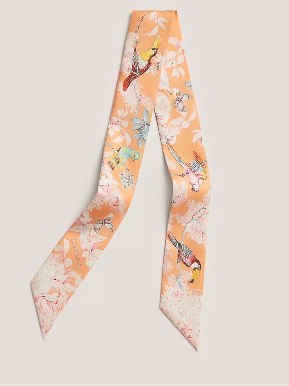 Hermes Peach Silk Narrow Scarf with Bird & Floral Print Twilly Équateur Aprocot